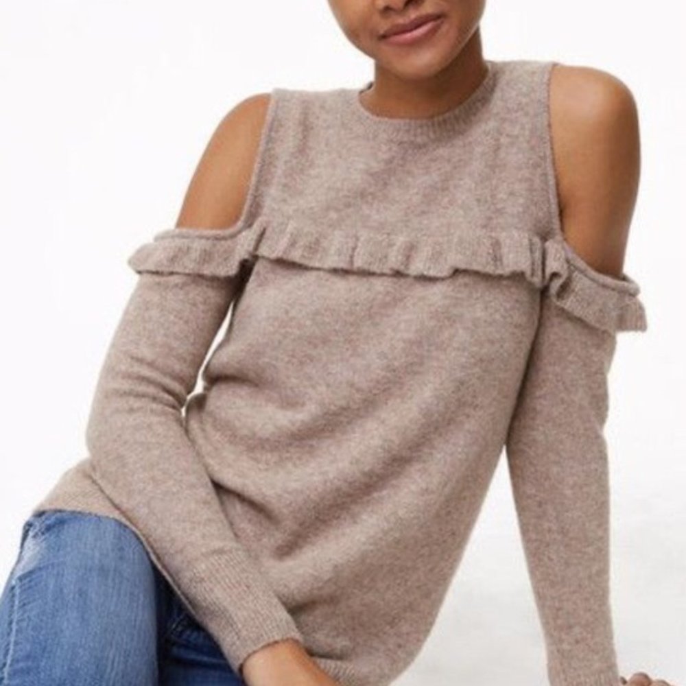 LOFT | Neutral Cold-Shoulder Ruffle Sweater